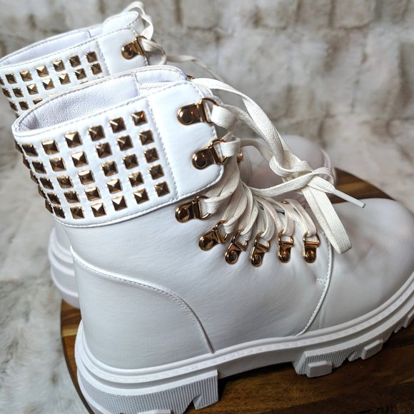 * Mata Shoes White Vegan Leather Studded Detail Fashion Combat Ankle Boots - Picture 3 of 15